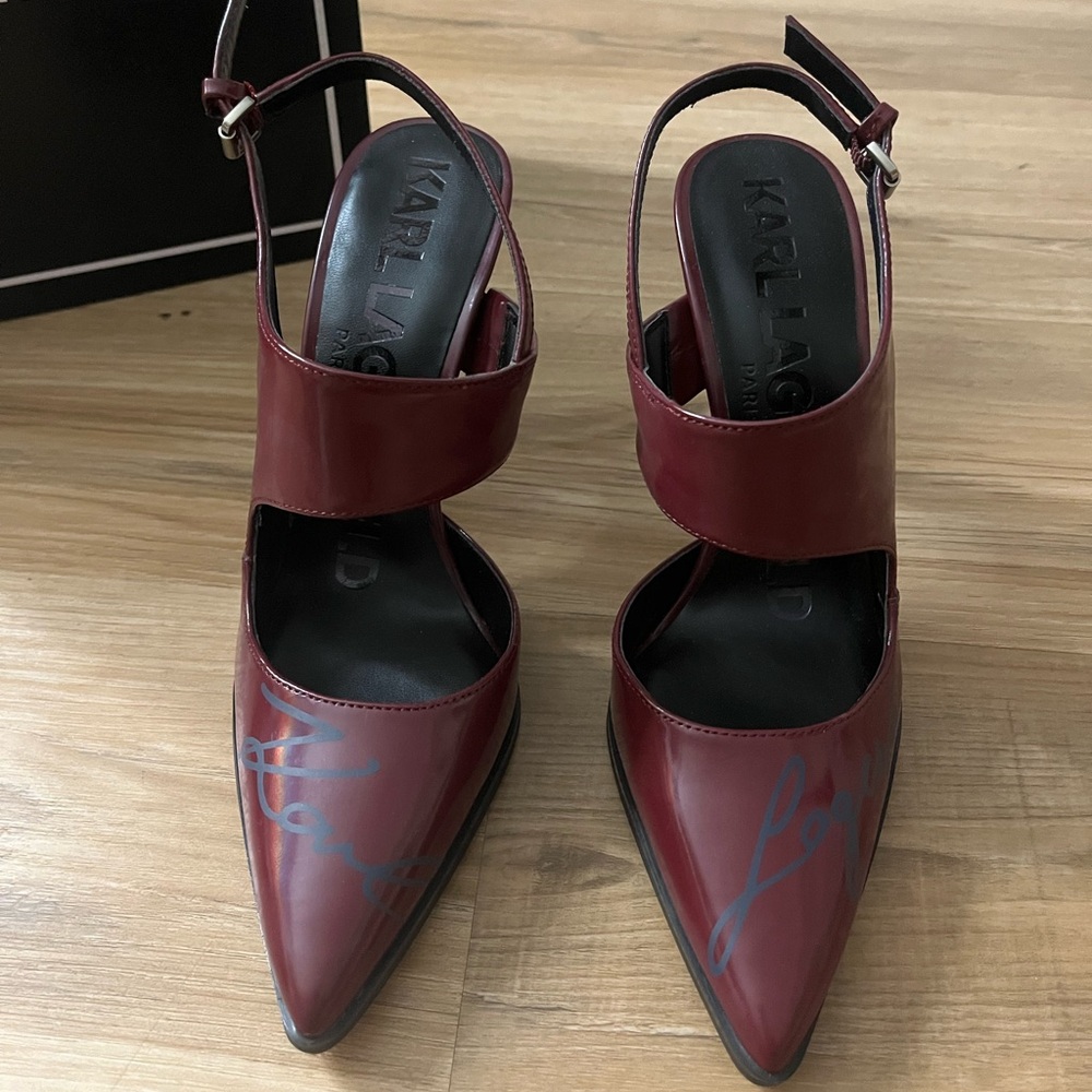 Karl Lagerfeld Burgundy Logo Slingback Heels – Size 7.5